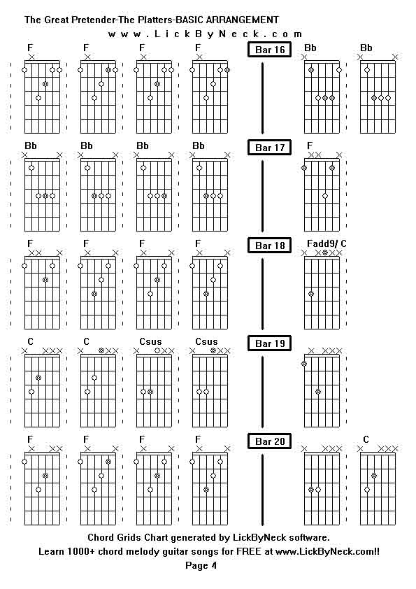 Chord Grids Chart of chord melody fingerstyle guitar song-The Great Pretender-The Platters-BASIC ARRANGEMENT,generated by LickByNeck software.